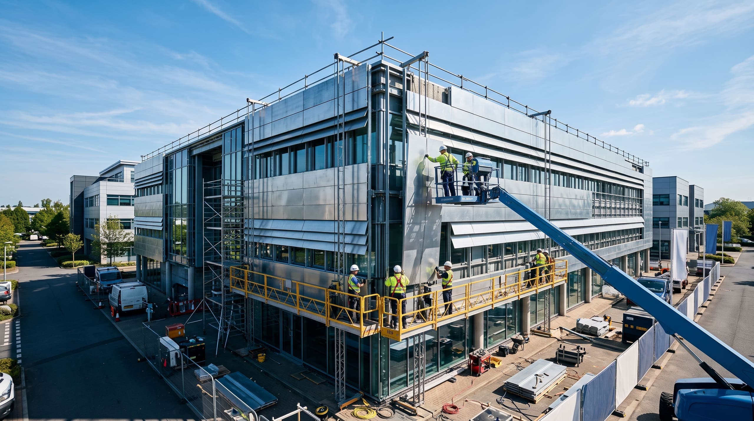 Chantier de bardage sur un bâtiment industriel