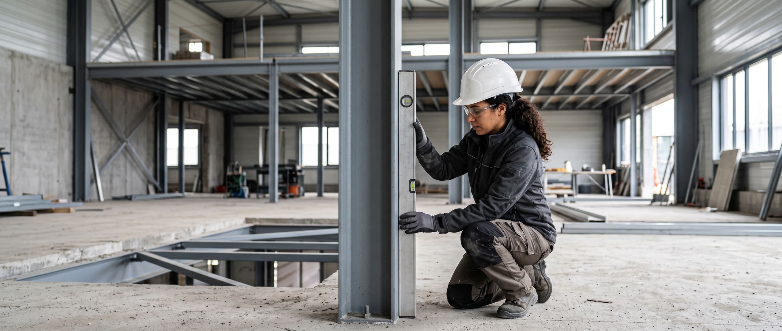 Ouvrière vérifiant l'aplomb d'un poteau de structure mezzanine au niveau à bulle, dans un entrepôt en cours d'aménagement