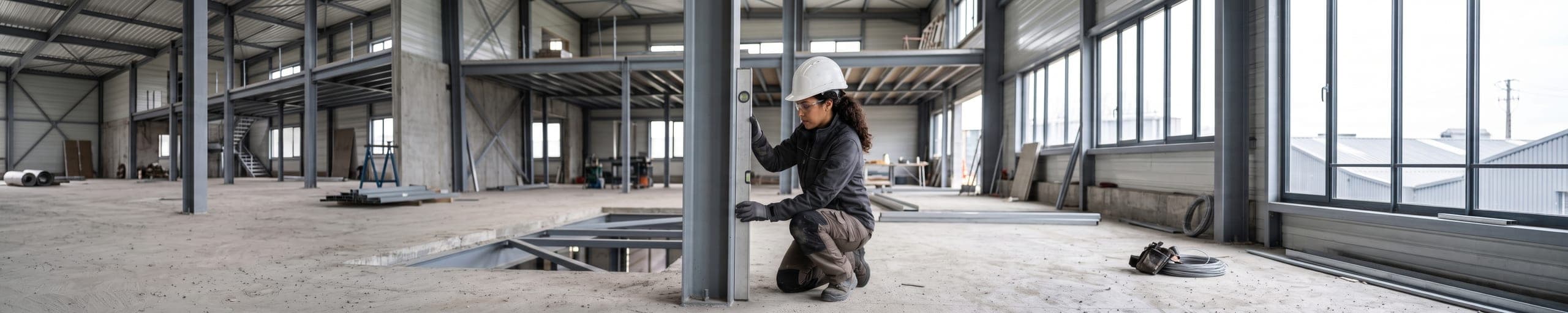 Ouvrière vérifiant l'aplomb d'un poteau de structure mezzanine au niveau à bulle, dans un entrepôt en cours d'aménagement
