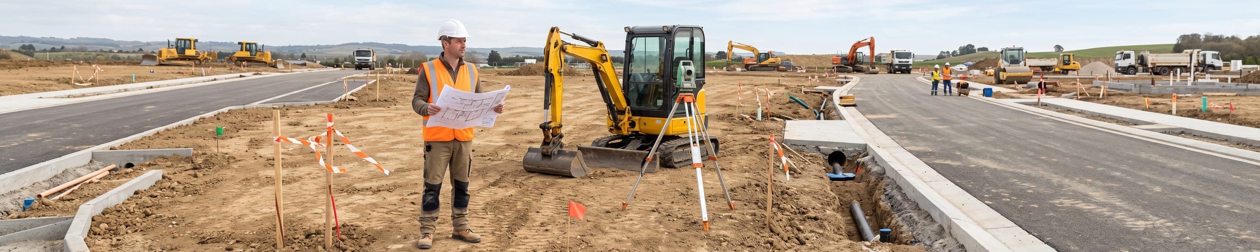 Aménageur-lotisseur consultant un plan de lotissement sur un terrain viabilisé délimité par des piquets, engins de terrassement à l'arrière-plan