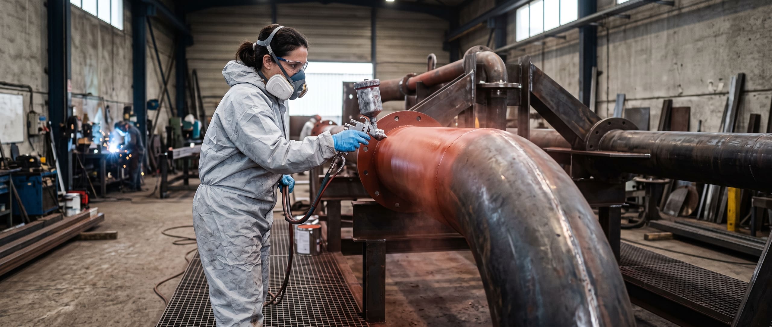 Opératrice appliquant une peinture anticorrosion au pistolet sur une grande canalisation en acier, atelier industriel