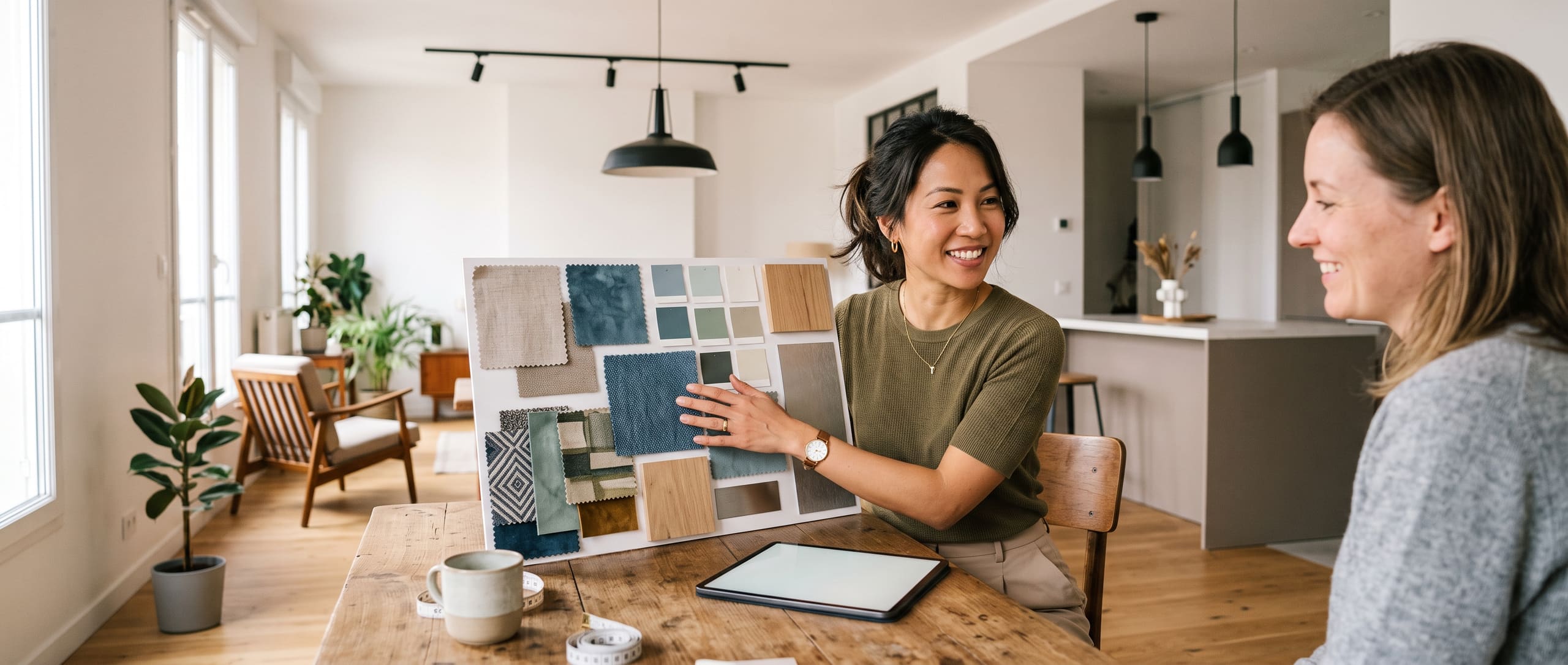 Architecte d'intérieur présentant un nuancier de matériaux et tissus à une cliente dans un appartement rénové lumineux