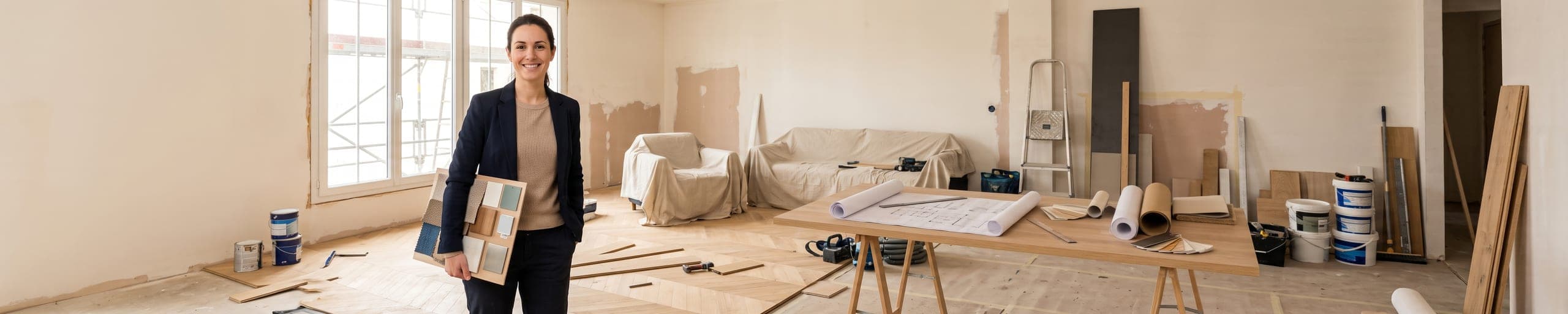 Architecte d'intérieur présentant un nuancier de matériaux et tissus à une cliente dans un appartement rénové lumineux