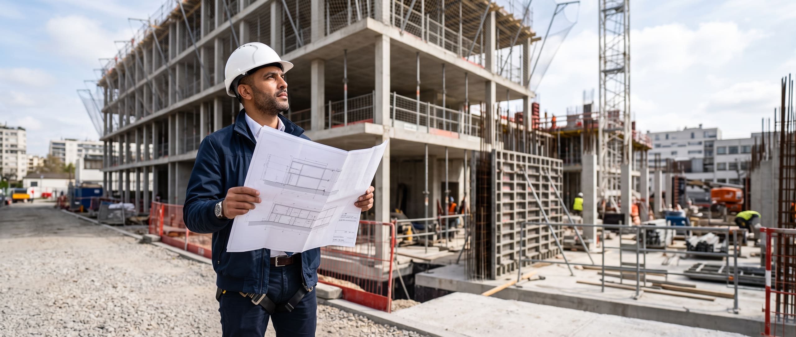 Architecte comparant des plans à la structure en béton d'un bâtiment en construction, casque blanc, échafaudages et ferraillage à l'arrière-plan