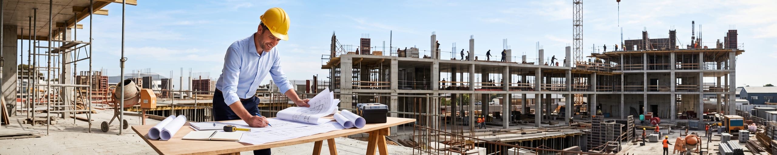 Architecte comparant des plans à la structure en béton d'un bâtiment en construction, casque blanc, échafaudages et ferraillage à l'arrière-plan