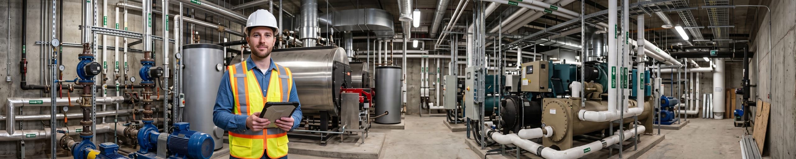 Ingénieure fluides inspectant la tuyauterie et les gaines de ventilation d'un local technique, tablette avec schéma CVC à la main