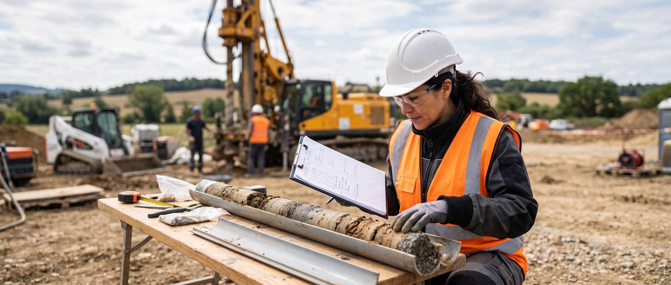 Ingénieure géotechnicienne examinant une carotte de sondage de sol sur un chantier, sondeuse visible à l'arrière-plan
