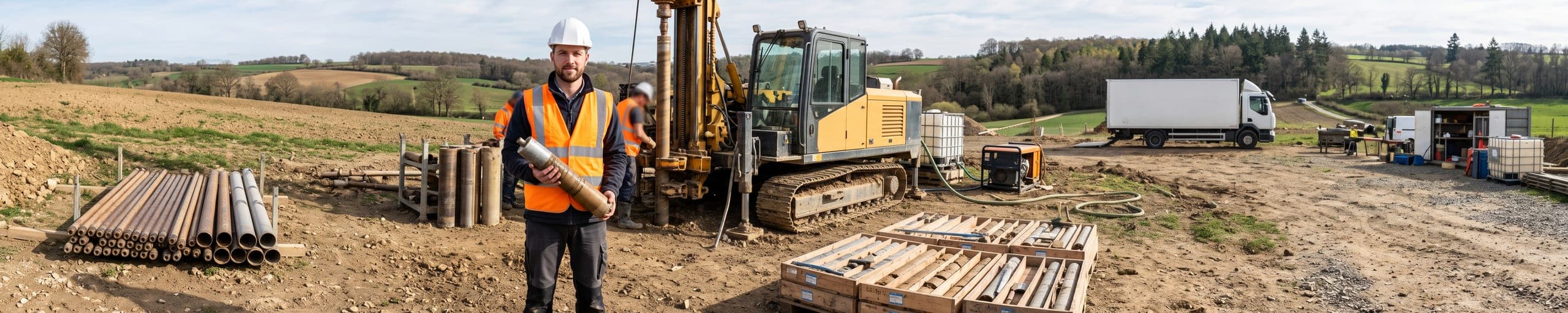 Ingénieure géotechnicienne examinant une carotte de sondage de sol sur un chantier, sondeuse visible à l'arrière-plan