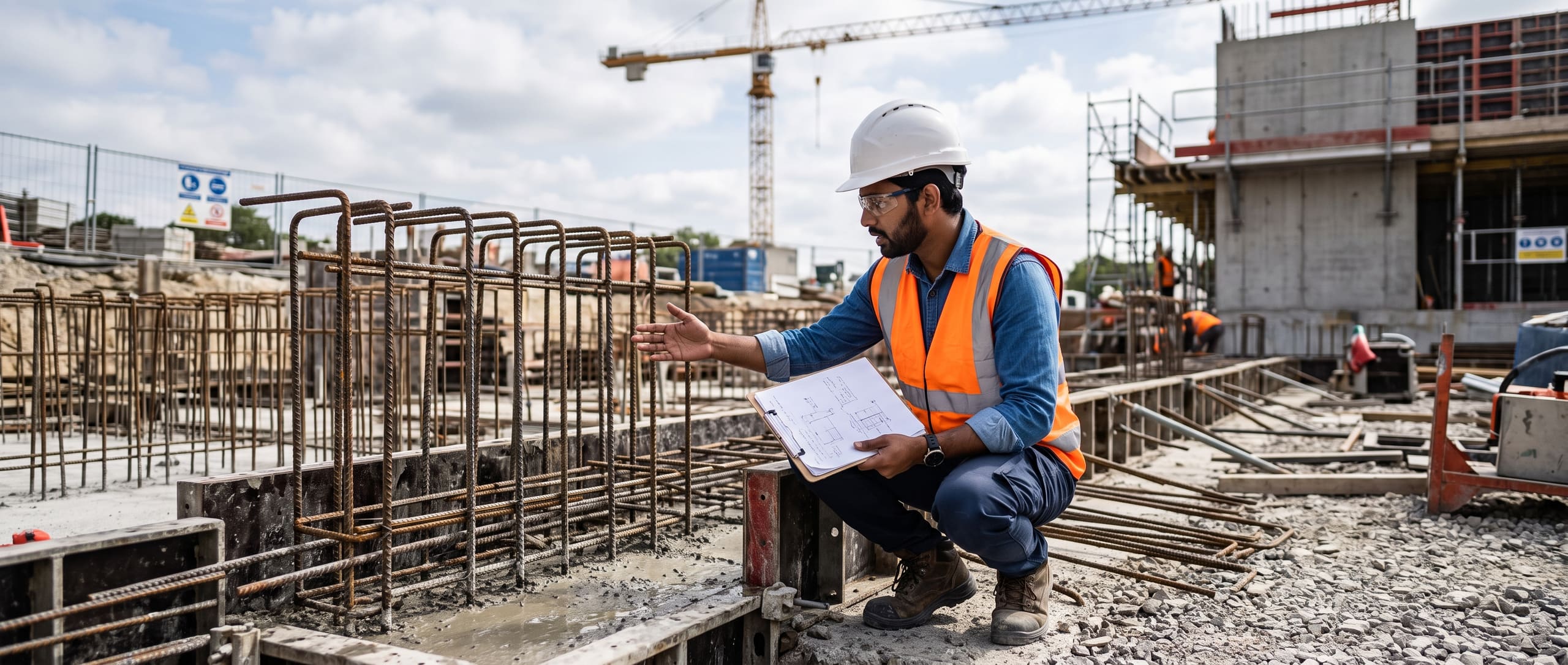 Ingénieur structure examinant le ferraillage et le coffrage béton d'une fondation sur un chantier, presse-papier à la main