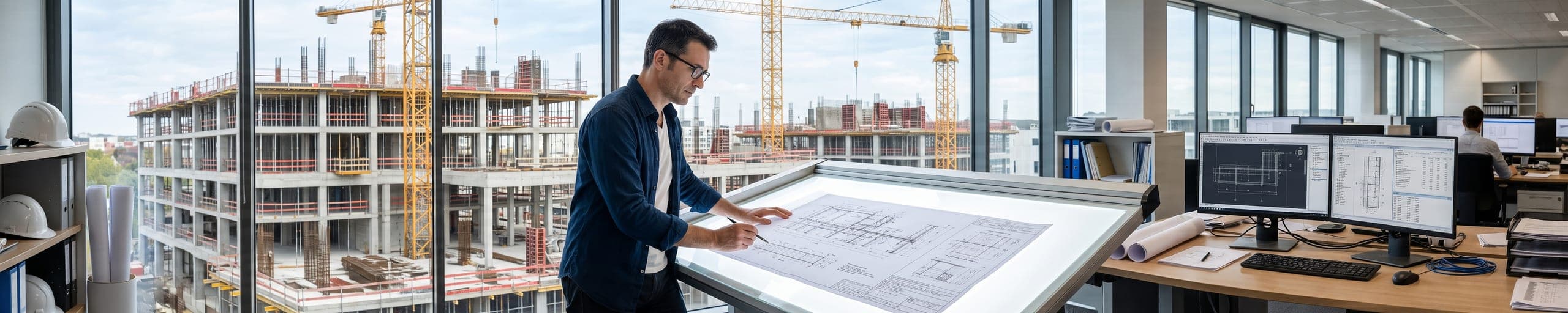 Ingénieur structure examinant le ferraillage et le coffrage béton d'une fondation sur un chantier, presse-papier à la main
