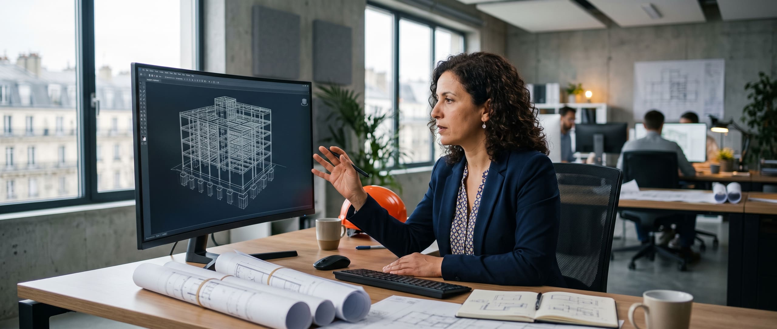 Ingénieure de bureau d'études examinant un modèle 3D de structure de bâtiment sur écran, plans techniques roulés sur le bureau