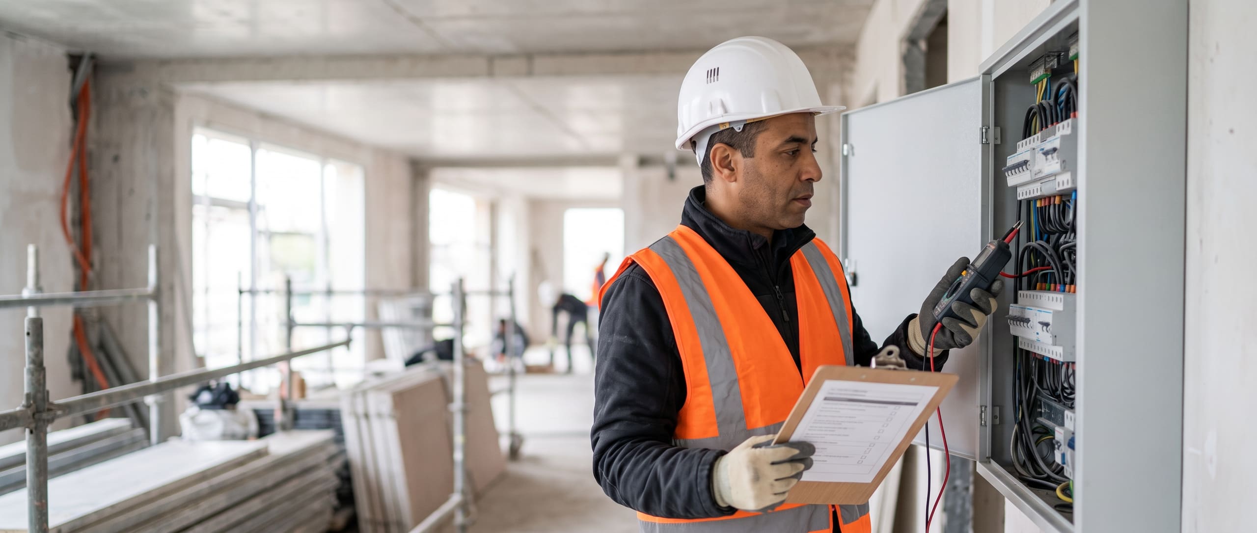 Contrôleur technique testant un tableau électrique avec un multimètre dans un bâtiment en construction, checklist d'inspection à la main