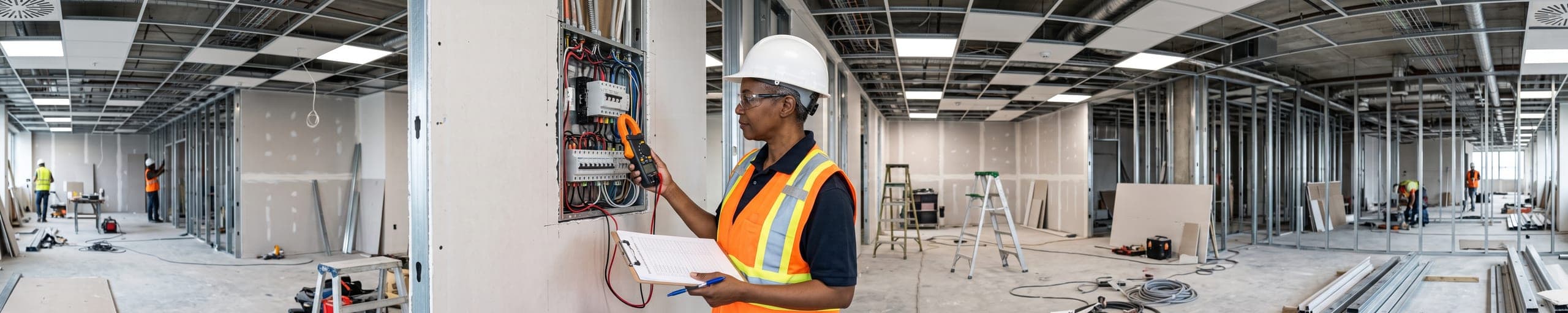 Contrôleuse technique mesurant au multimètre la continuité d'une liaison sur un tableau électrique ouvert, casque et gilet haute visibilité, plateau de bureaux en second œuvre, checklist d'inspection à la main