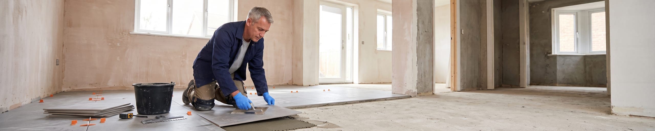 Carreleur posant des carreaux de sol à la spatule crantée dans une pièce en rénovation