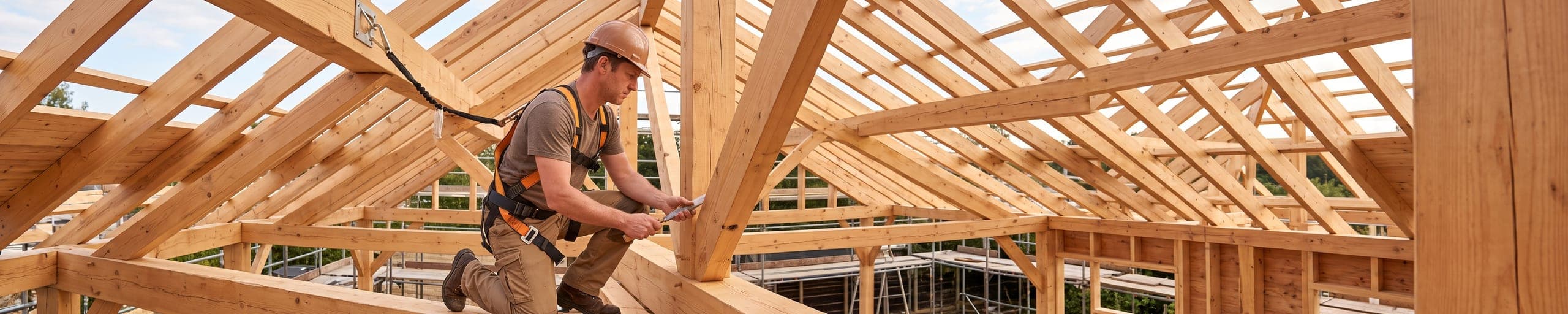 Charpentier ajustant un assemblage tenon-mortaise au maillet sur une charpente en bois massif