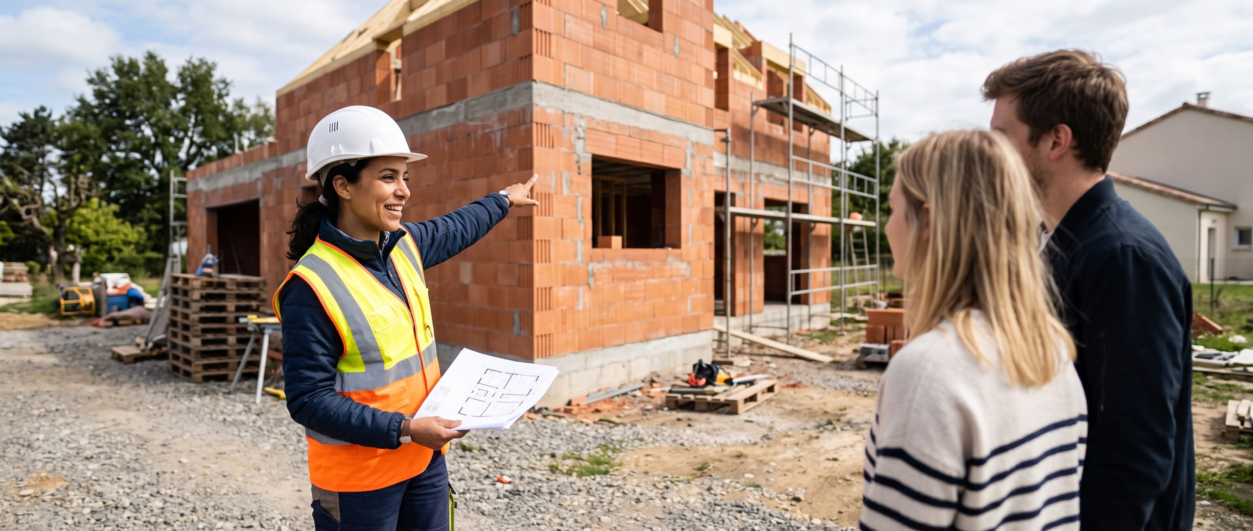 Constructrice de maisons individuelles présentant l'avancement du chantier à un jeune couple de clients devant les murs en briques montés