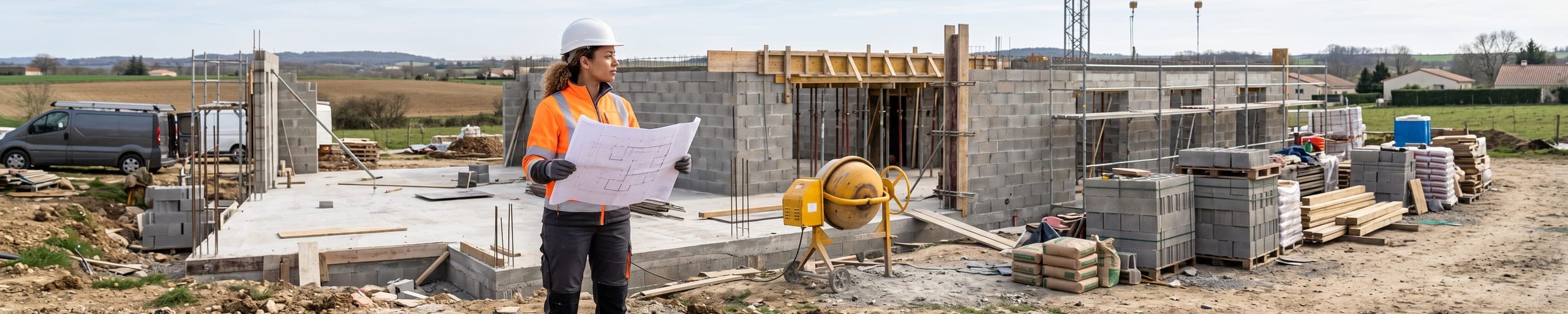 Constructrice de maisons individuelles présentant l'avancement du chantier à un jeune couple de clients devant les murs en briques montés