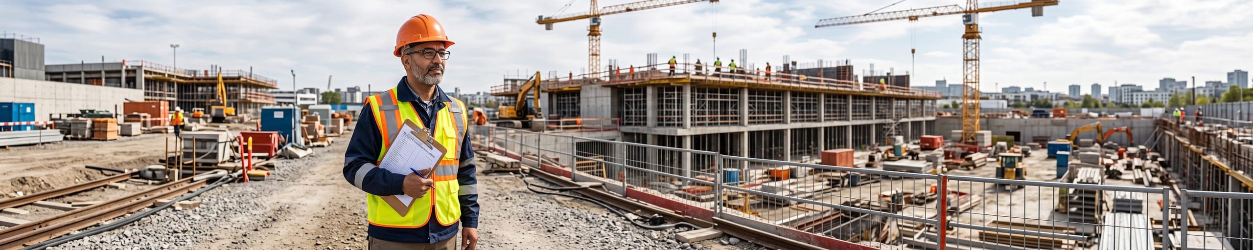 Coordonnateur SPS observant un échafaudage de façade conforme — planchers pleins, garde-corps à deux lisses et plinthes, tour d'escalier et filet —, tablette de visite en main