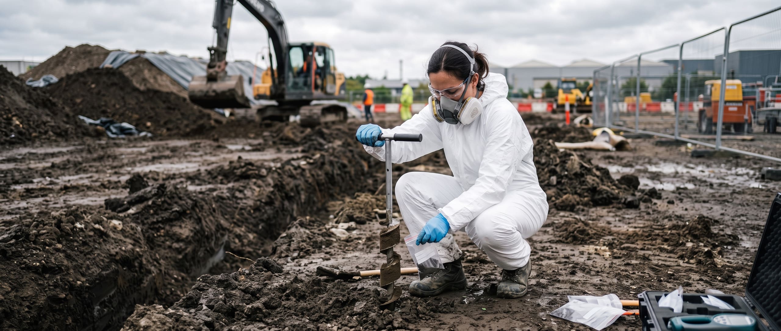 Technicienne en combinaison de protection intégrale et masque respiratoire prélevant un échantillon de sol à la tarière sur un site industriel en dépollution