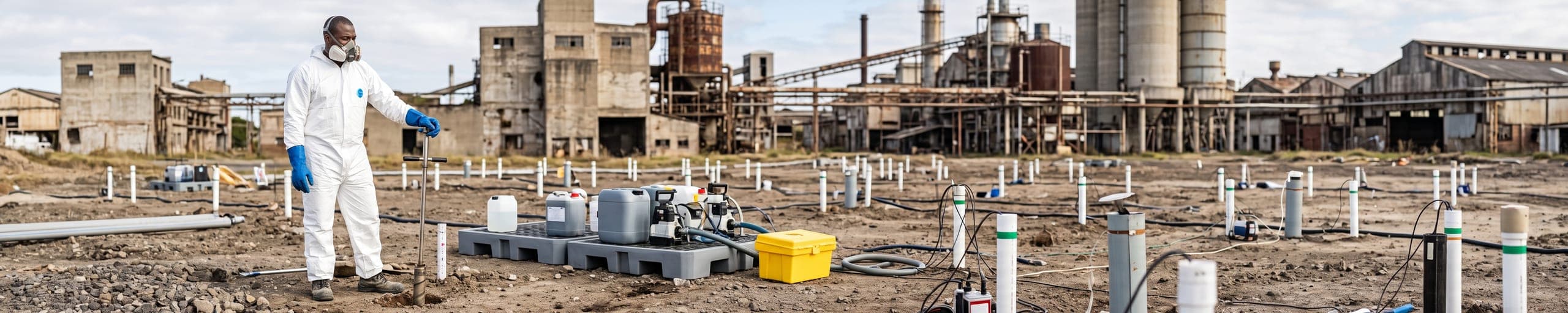 Technicienne en combinaison de protection intégrale et masque respiratoire prélevant un échantillon de sol à la tarière sur un site industriel en dépollution