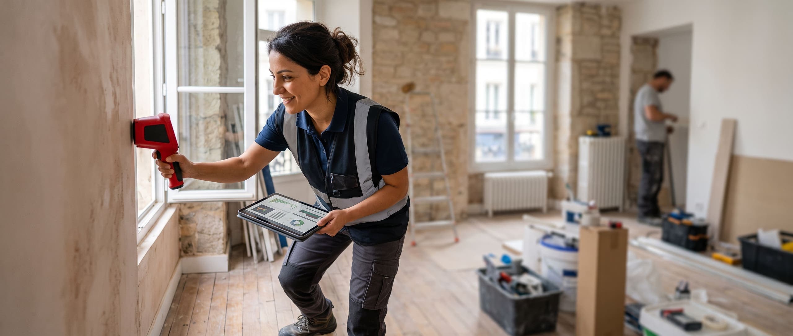Diagnostiqueuse immobilière utilisant un appareil de mesure sur un mur d'appartement en rénovation, tablette de rapport à la main