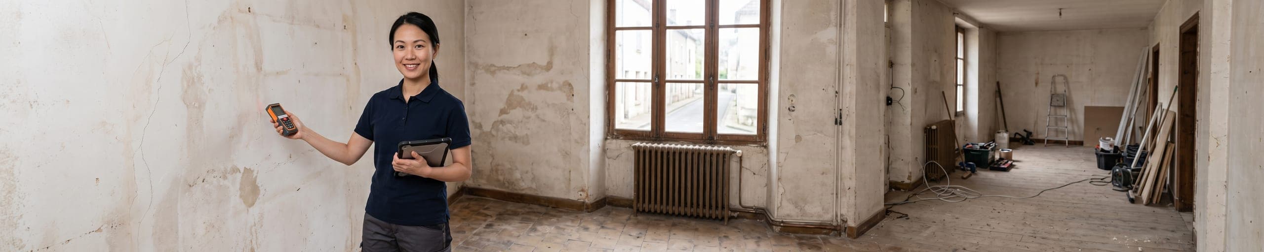 Diagnostiqueuse immobilière utilisant un appareil de mesure sur un mur d'appartement en rénovation, tablette de rapport à la main