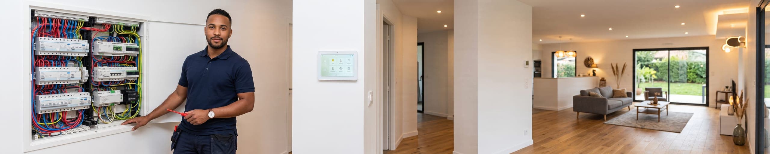 Domoticien configurant un module domotique sur un tableau électrique, tablette de paramétrage en main