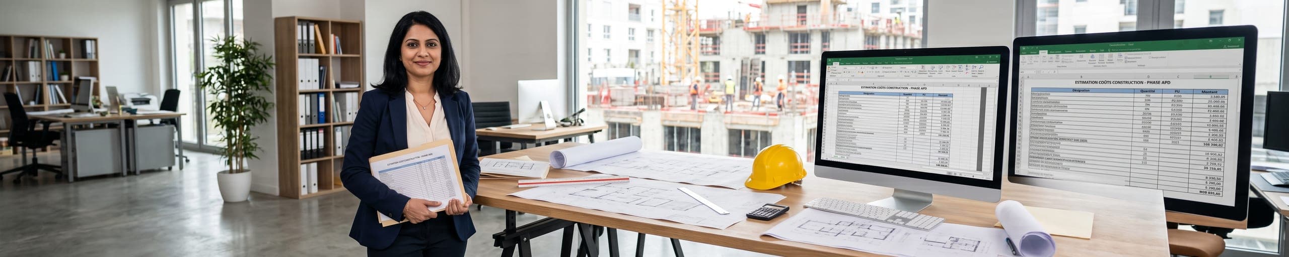 Économiste de la construction travaillant sur un chiffrage détaillé et un plan de bâtiment sur deux écrans, plans roulés sur le bureau