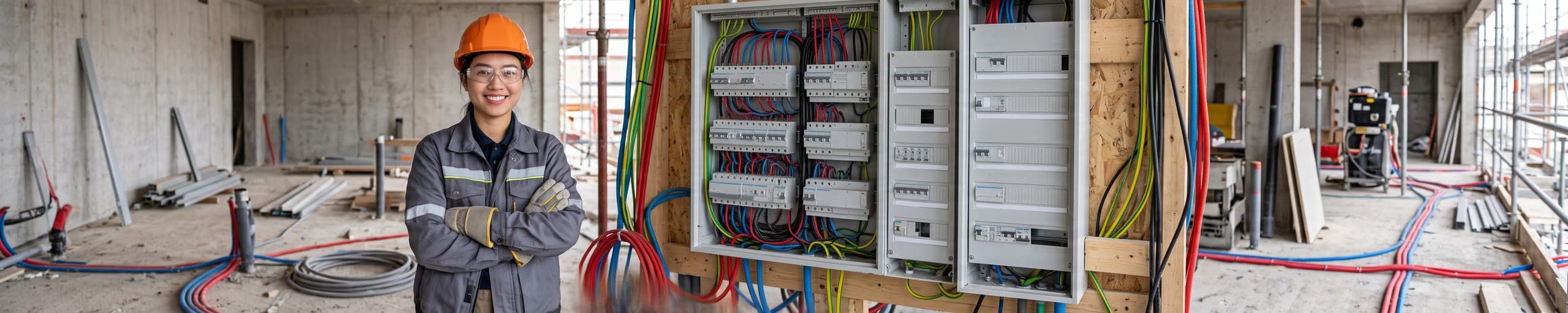 Électricien consultant le schéma sur tablette devant une armoire électrique modulaire aux rangées de disjoncteurs repérées, casque bleu, lunettes et gants de protection, hall industriel en second œuvre à l'arrière-plan