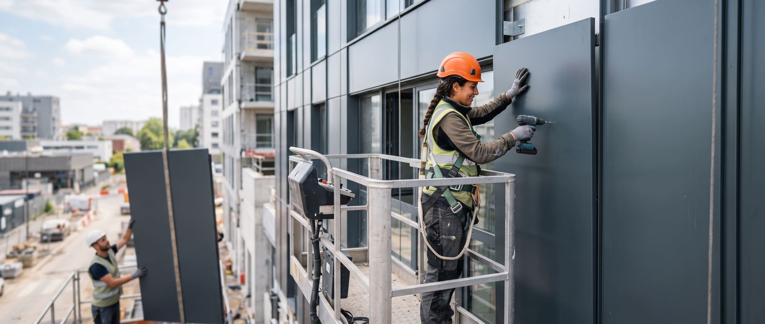 Cheffe d'entreprise de bardage fixant un panneau composite métallique sur une façade depuis une nacelle, ouvrier au sol à l'arrière-plan