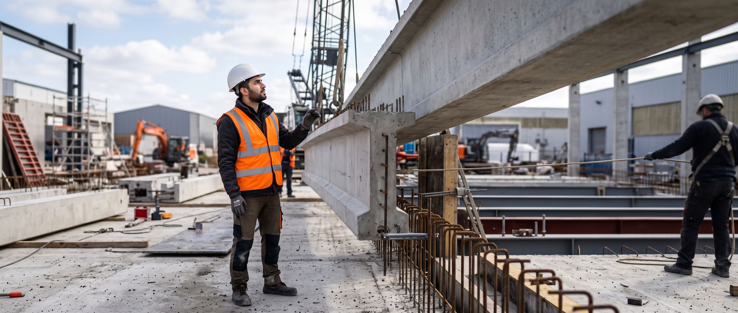 Ouvrier d'entreprise de béton armé inspectant une poutre préfabriquée en cours de pose par une grue, ferraillage visible