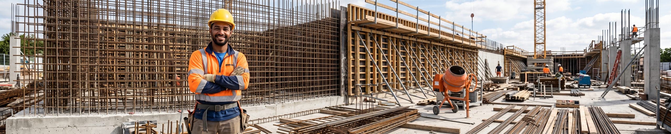 Ouvrier d'entreprise de béton armé inspectant une poutre préfabriquée en cours de pose par une grue, ferraillage visible