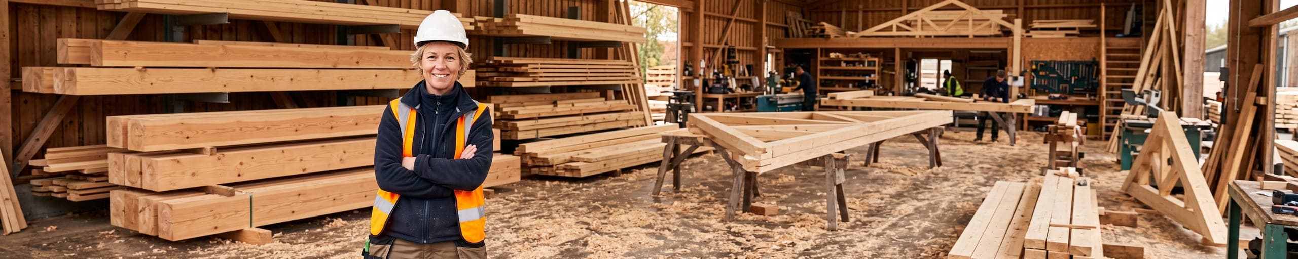 Cheffe d'entreprise de charpente bois désignant la charpente d'une maison à ossature bois en cours de montage, ouvriers au travail à l'arrière-plan