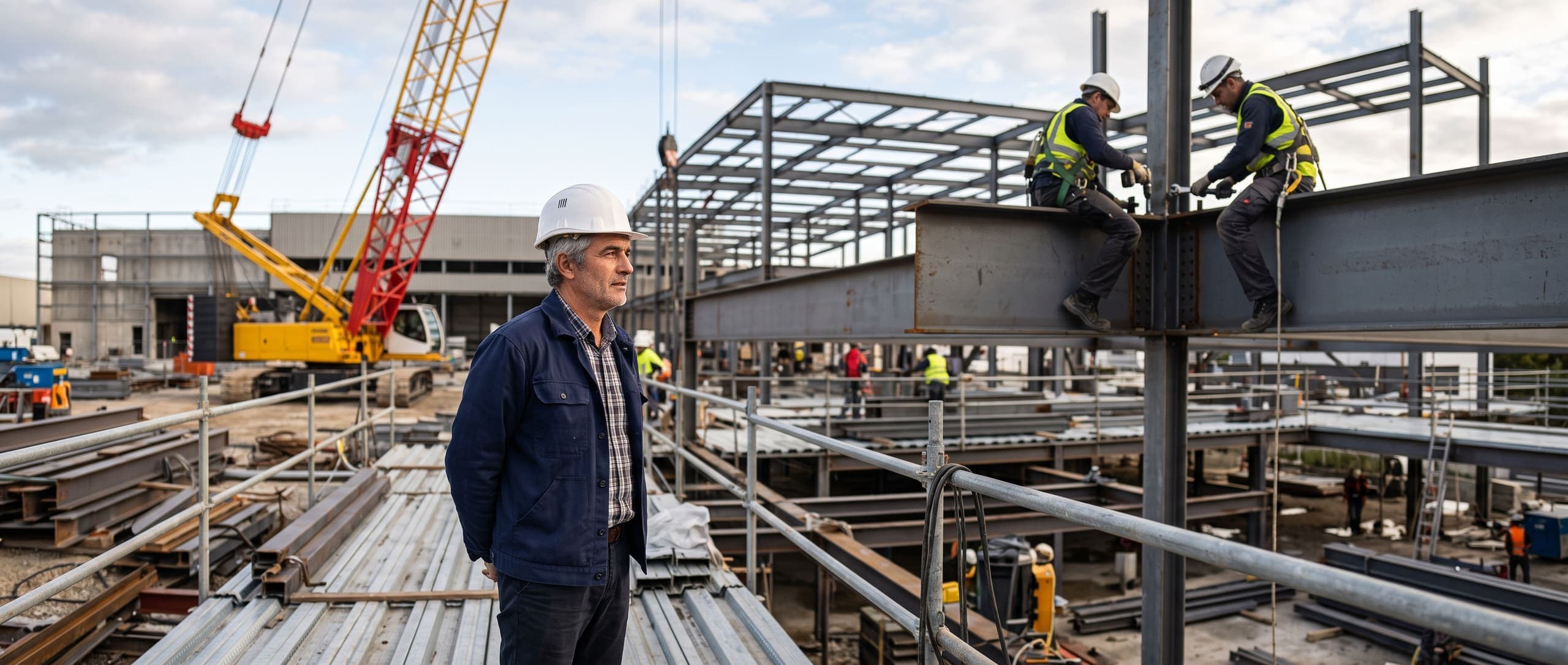Responsable d'entreprise de charpente métallique observant un chantier de structure acier, ouvriers boulonnant des poutrelles IPN à l'arrière-plan