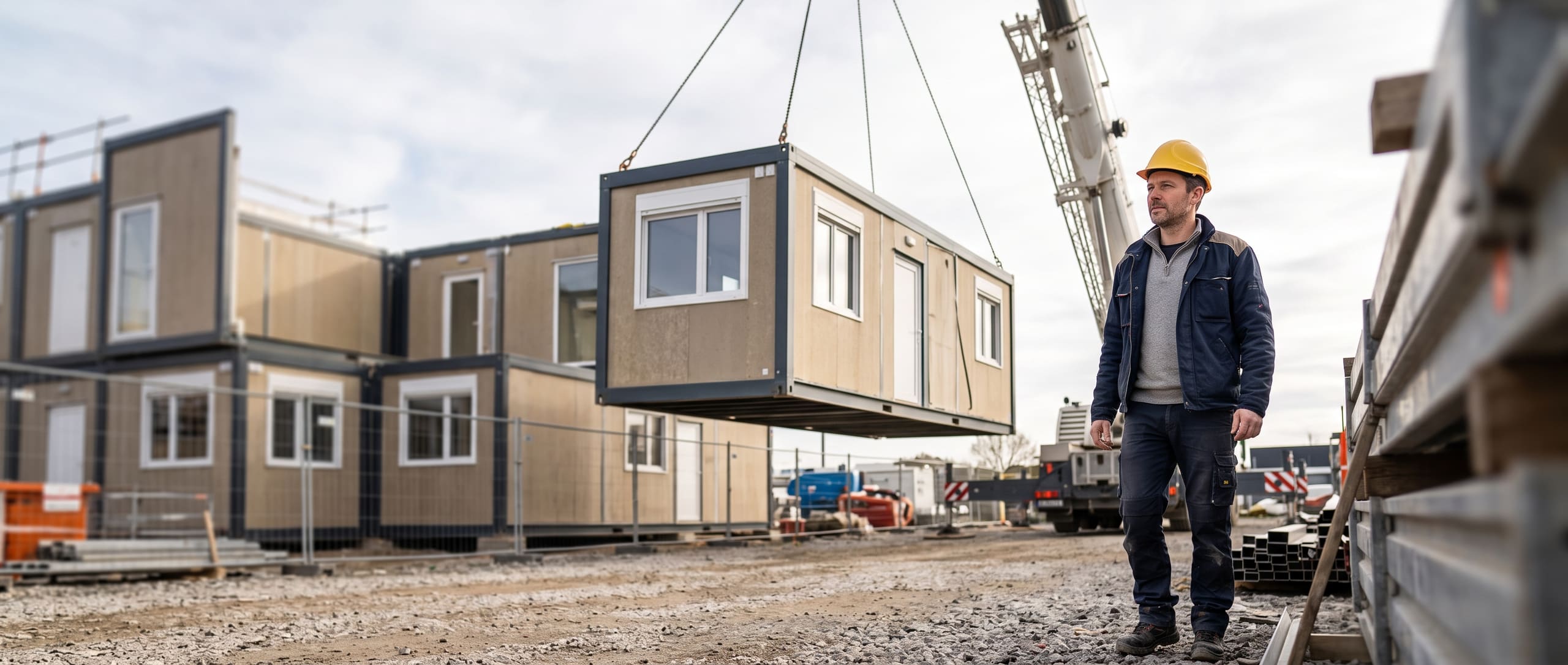 Chef de chantier sur un site industriel observant une grue soulevant un module préfabriqué, unités modulaires empilées en arrière-plan