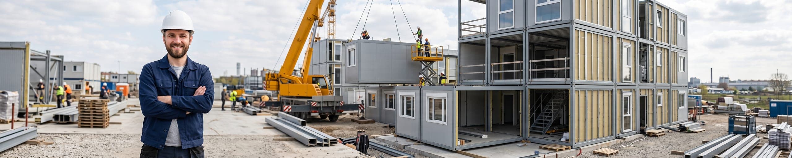 Chef de chantier sur un site industriel observant une grue soulevant un module préfabriqué, unités modulaires empilées en arrière-plan