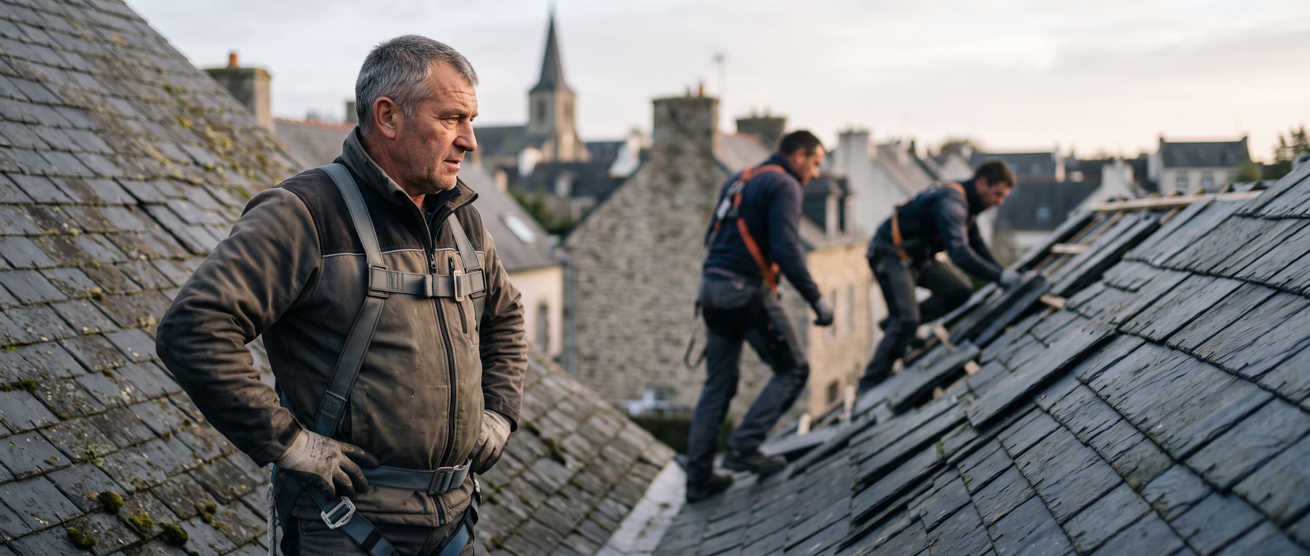 Couvreur d'une cinquantaine d'années debout sur une toiture en ardoise, supervisant deux ouvriers posant des tuiles, toits du village en arrière-plan