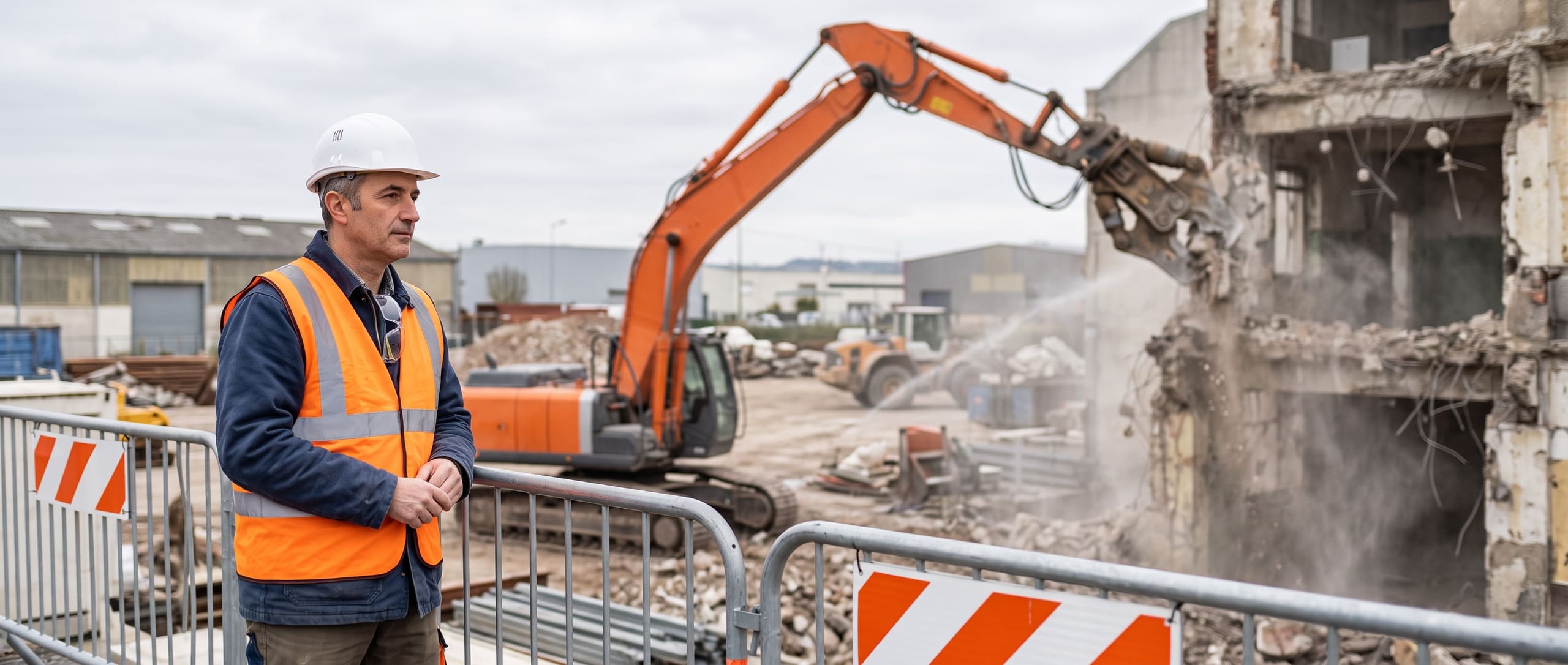 Chef de chantier en gilet orange observant une pelle à bras long démolissant un ancien bâtiment industriel
