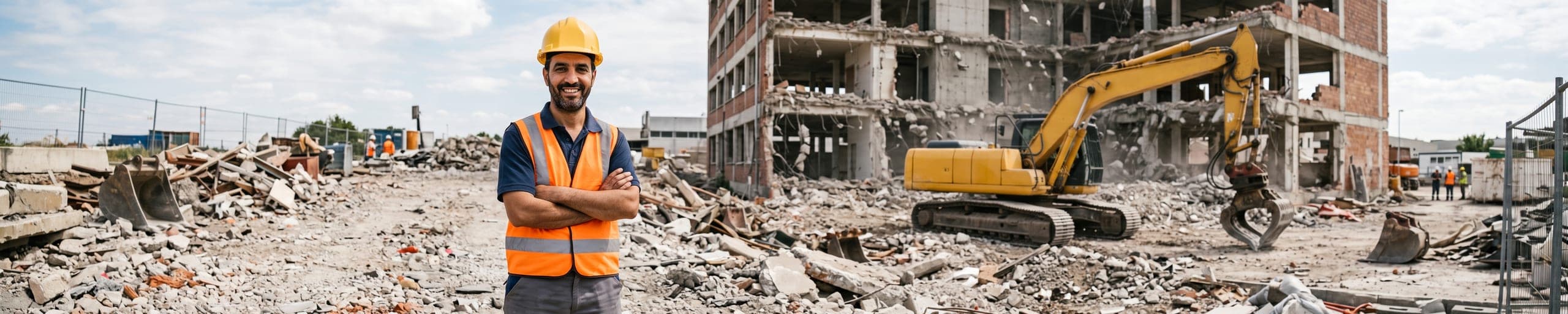 Chef de chantier en gilet orange observant une pelle à bras long démolissant un ancien bâtiment industriel