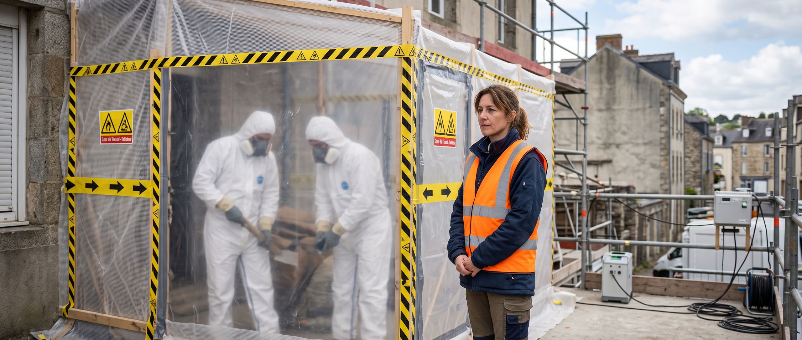 Cheffe de chantier en gilet jaune devant une zone de désamiantage sous confinement plastique, ouvriers en combinaison intégrale et masque respiratoire en arrière-plan