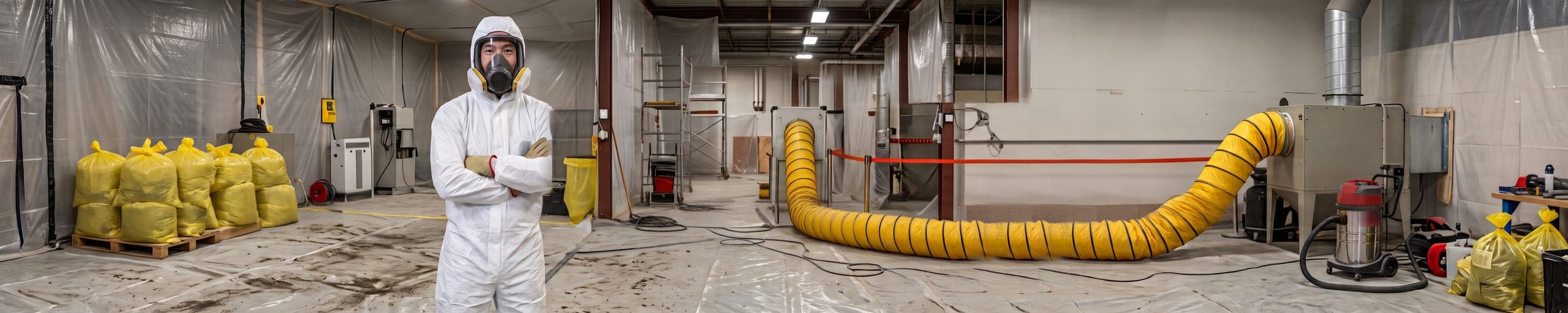 Chef de chantier expérimenté en gilet orange, demi-masque au cou, consultant une tablette devant une zone de retrait d'amiante sous confinement ; deux opérateurs en combinaison intégrale et masque à ventilation assistée déposent une plaque à l'intérieur, extracteur à filtre absolu et gaine jaune au sol