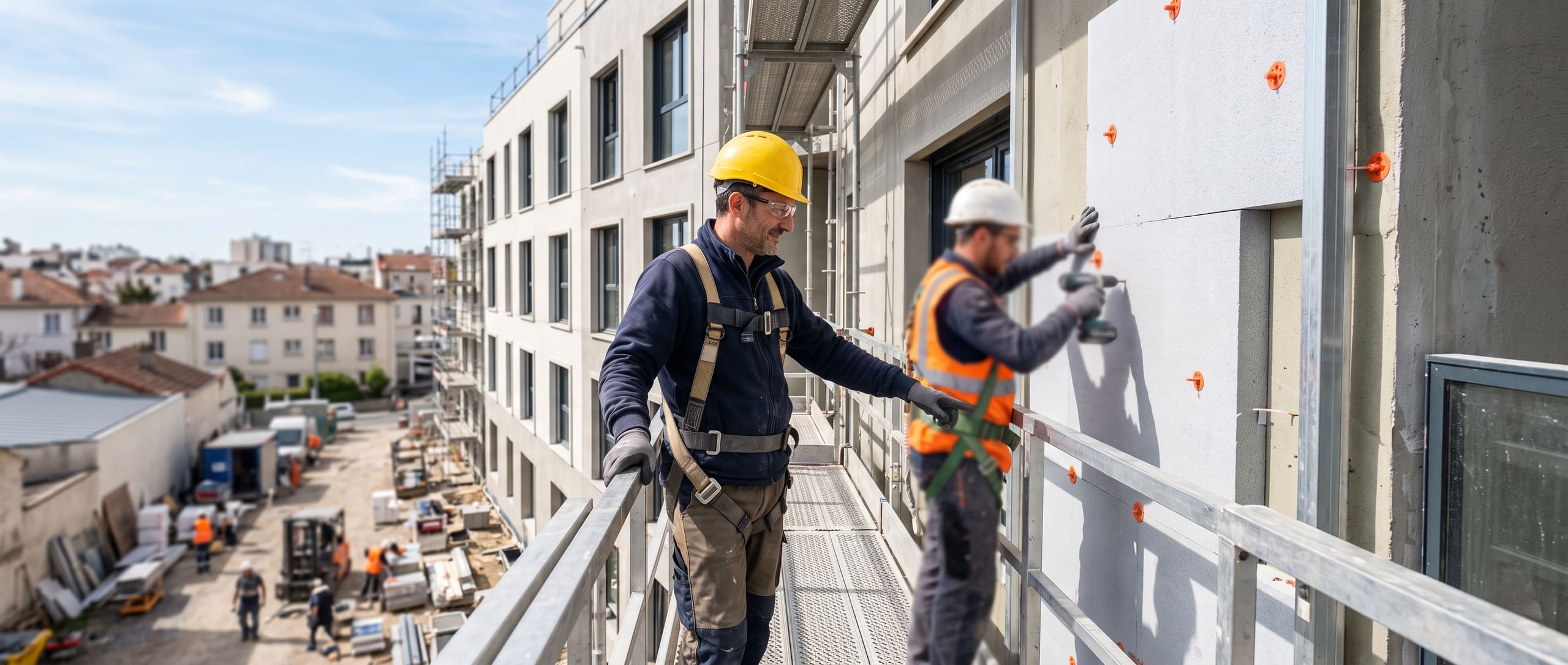Chef d'entreprise d'enveloppe du bâtiment sur nacelle inspectant la pose de panneaux d'isolation en façade, ouvrier fixant un panneau à proximité