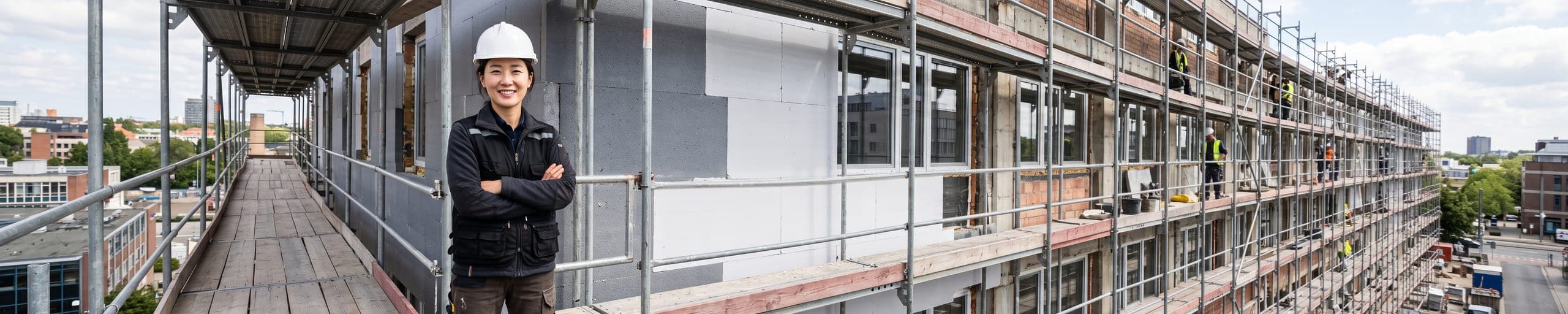 Chef d'entreprise d'enveloppe du bâtiment sur nacelle inspectant la pose de panneaux d'isolation en façade, ouvrier fixant un panneau à proximité