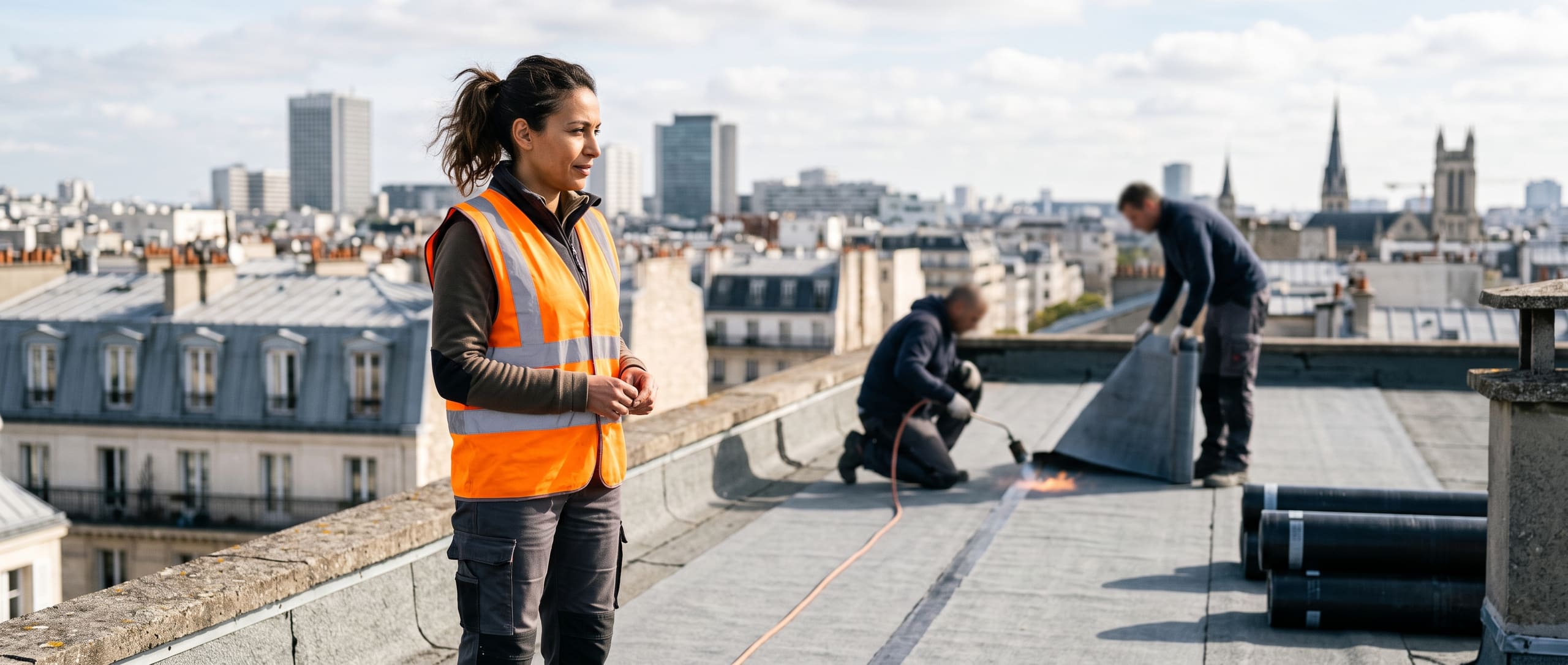Cheffe de chantier sur un toit-terrasse parisien, supervisant deux ouvriers posant une membrane d'étanchéité au chalumeau