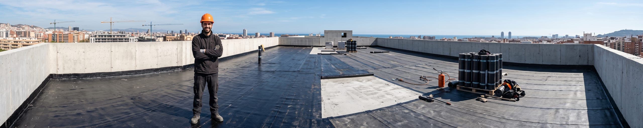 Cheffe de chantier sur un toit-terrasse parisien, supervisant deux ouvriers posant une membrane d'étanchéité au chalumeau