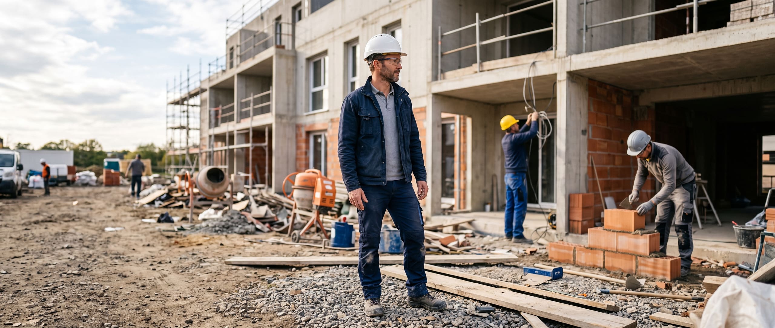 Chef d'entreprise générale du bâtiment observant un chantier, ouvriers électricien et maçon au travail à l'arrière-plan