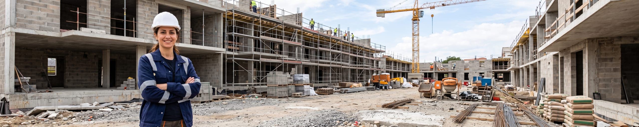 Chef d'entreprise générale du bâtiment observant un chantier, ouvriers électricien et maçon au travail à l'arrière-plan