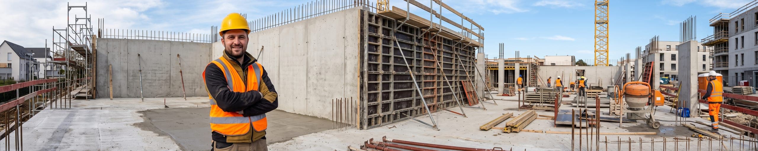 Chef de chantier gros œuvre supervisant un coulage de béton avec pompe, ouvriers guidant le tuyau vers le coffrage ferraillé