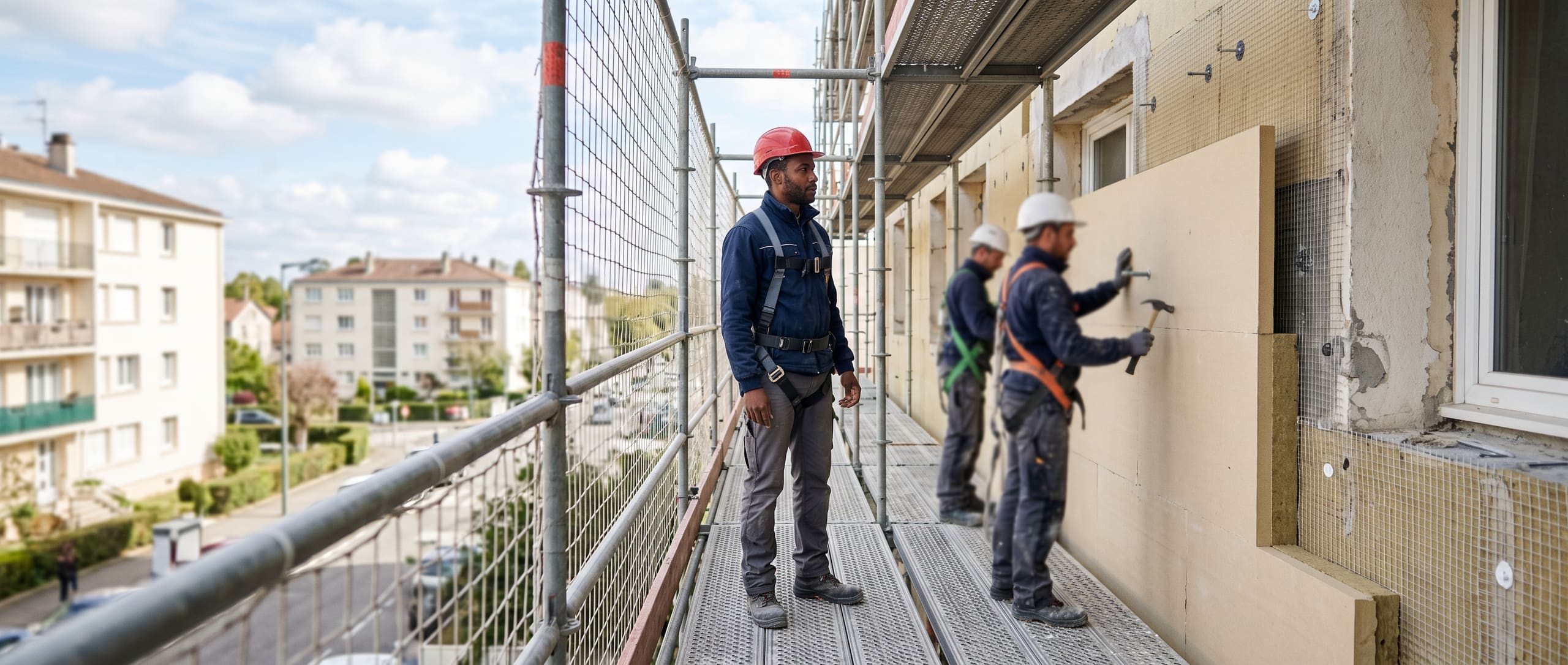 Chef d'équipe sur un échafaudage face à une façade en cours d'isolation thermique extérieure, supervisant deux ouvriers posant des panneaux isolants