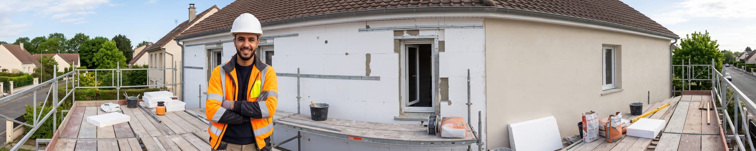 Chef d'équipe sur un échafaudage face à une façade en cours d'isolation thermique extérieure, supervisant deux ouvriers posant des panneaux isolants